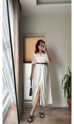 Önü Düğme Detay Beyaz Elbise