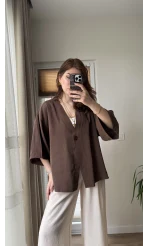 Önü Düğmeli Gömlek - Kahve