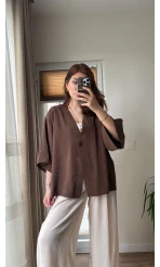 Önü Düğmeli Gömlek - Kahve