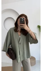 Önü Düğmeli Gömlek - Çağla Yeşili