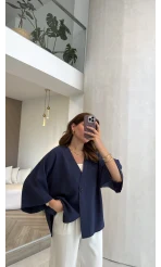 Önü Düğmeli Gömlek - Lacivert - Kod 4961