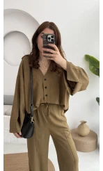 Önü Düğmeli Kimono Keten Takım - 8702 - Haki