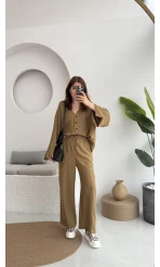Önü Düğmeli Kimono Keten Takım - 8702 - Haki