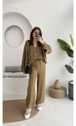 Önü Düğmeli Kimono Keten Takım - 8702 - Haki
