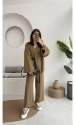 Önü Düğmeli Kimono Keten Takım - 8702 - Haki