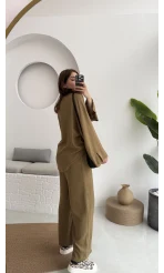 Önü Düğmeli Kimono Keten Takım - 8702 - Haki