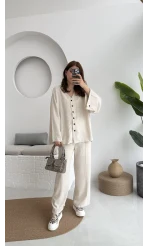 Önü Düğmeli Kimono Keten Takım - 8702 - Natural