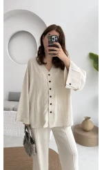 Önü Düğmeli Kimono Keten Takım - 8702 - Natural