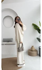 Önü Düğmeli Kimono Keten Takım - 8702 - Natural