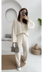 Önü Düğmeli Kimono Keten Takım - 8702 - Natural
