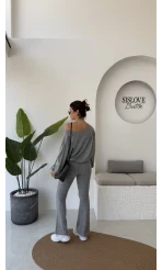 Ophelia Kayık Yaka Triko Takım - Gri - Kod: 2289