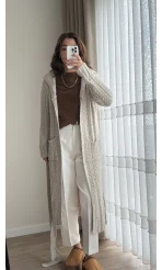 Örgü Uzun Kapüşonlu Kuşaklı Hırka