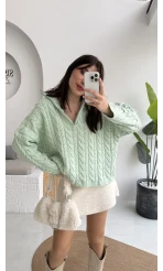 Örgülü Dik Yaka Fermuarlı Kazak - Açık Yeşil - Kod: 231078
