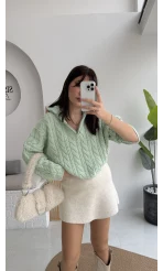 Örgülü Dik Yaka Fermuarlı Kazak - Açık Yeşil - Kod: 231078