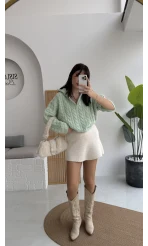 Örgülü Dik Yaka Fermuarlı Kazak - Açık Yeşil - Kod: 231078