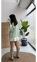 Örgülü Dik Yaka Fermuarlı Kazak - Açık Yeşil - Kod: 231078