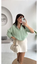 Örgülü Dik Yaka Fermuarlı Kazak - Açık Yeşil - Kod: 231078