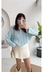 Örgülü Dik Yaka Fermuarlı Kazak - Cam Göbeği - Kod: 231078