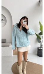 Örgülü Dik Yaka Fermuarlı Kazak - Cam Göbeği - Kod: 231078