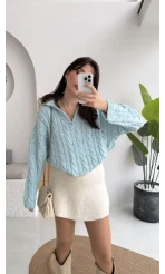 Örgülü Dik Yaka Fermuarlı Kazak - Cam Göbeği - Kod: 231078