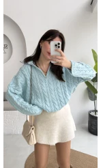 Örgülü Dik Yaka Fermuarlı Kazak - Cam Göbeği - Kod: 231078