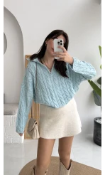 Örgülü Dik Yaka Fermuarlı Kazak - Cam Göbeği - Kod: 231078