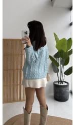 Örgülü Dik Yaka Fermuarlı Kazak - Cam Göbeği - Kod: 231078