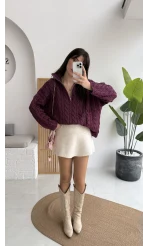 Örgülü Dik Yaka Fermuarlı Kazak - Cherry - Kod: 231078