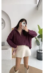 Örgülü Dik Yaka Fermuarlı Kazak - Cherry - Kod: 231078