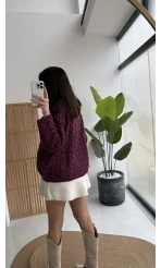 Örgülü Dik Yaka Fermuarlı Kazak - Cherry - Kod: 231078