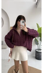 Örgülü Dik Yaka Fermuarlı Kazak - Cherry - Kod: 231078