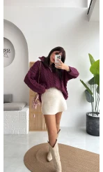 Örgülü Dik Yaka Fermuarlı Kazak - Cherry - Kod: 231078