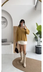 Örgülü Dik Yaka Fermuarlı Kazak - Hardal - Kod: 231078