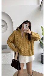 Örgülü Dik Yaka Fermuarlı Kazak - Hardal - Kod: 231078