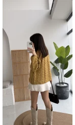 Örgülü Dik Yaka Fermuarlı Kazak - Hardal - Kod: 231078