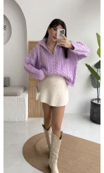 Örgülü Dik Yaka Fermuarlı Kazak - Lila - Kod: 231078