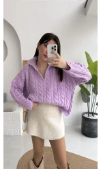 Örgülü Dik Yaka Fermuarlı Kazak - Lila - Kod: 231078