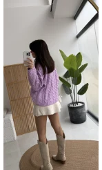 Örgülü Dik Yaka Fermuarlı Kazak - Lila - Kod: 231078