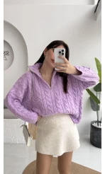 Örgülü Dik Yaka Fermuarlı Kazak - Lila - Kod: 231078