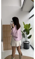 Örgülü Dik Yaka Fermuarlı Kazak - Pudra - Kod: 231078