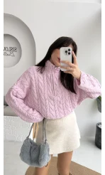 Örgülü Dik Yaka Fermuarlı Kazak - Pudra - Kod: 231078