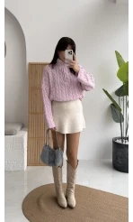 Örgülü Dik Yaka Fermuarlı Kazak - Pudra - Kod: 231078