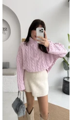 Örgülü Dik Yaka Fermuarlı Kazak - Pudra - Kod: 231078