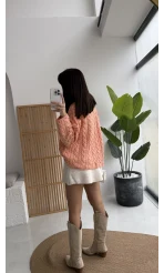 Örgülü Dik Yaka Fermuarlı Kazak - Yavruağzı - Kod: 231078