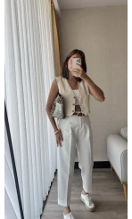 Orlawa Beyaz Kemerli Pantolon