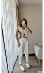 Orlawa Beyaz Kemerli Pantolon