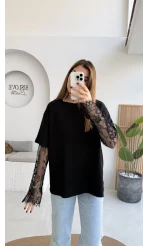 Oversize Bilek Detay Dantel Kol T-shirt - Siyah