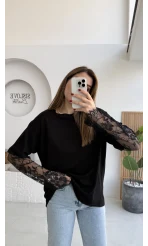 Oversize Bilek Detay Dantel Kol T-shirt - Siyah