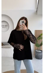 Oversize Bilek Detay Dantel Kol T-shirt - Siyah