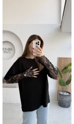 Oversize Bilek Detay Dantel Kol T-shirt - Siyah